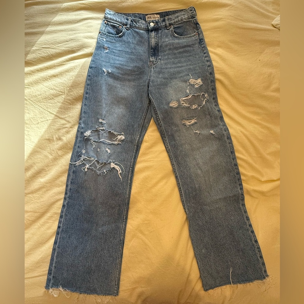 Zara high waisted wide leg ripped jeans